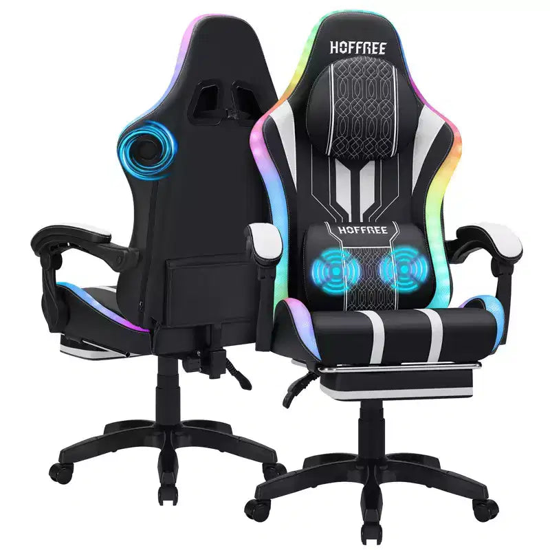 Sedia da gioco massaggiante Hoffree Extra Large, sedia da ufficio ergonomica per PC con altoparlante Bluetooth e luce RGB