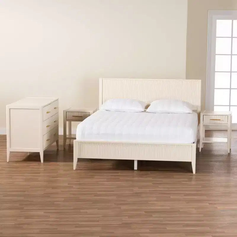 Set da camera da letto a 4 pezzi Baxton Studio Primrose Mid-Century in legno scanalato avorio