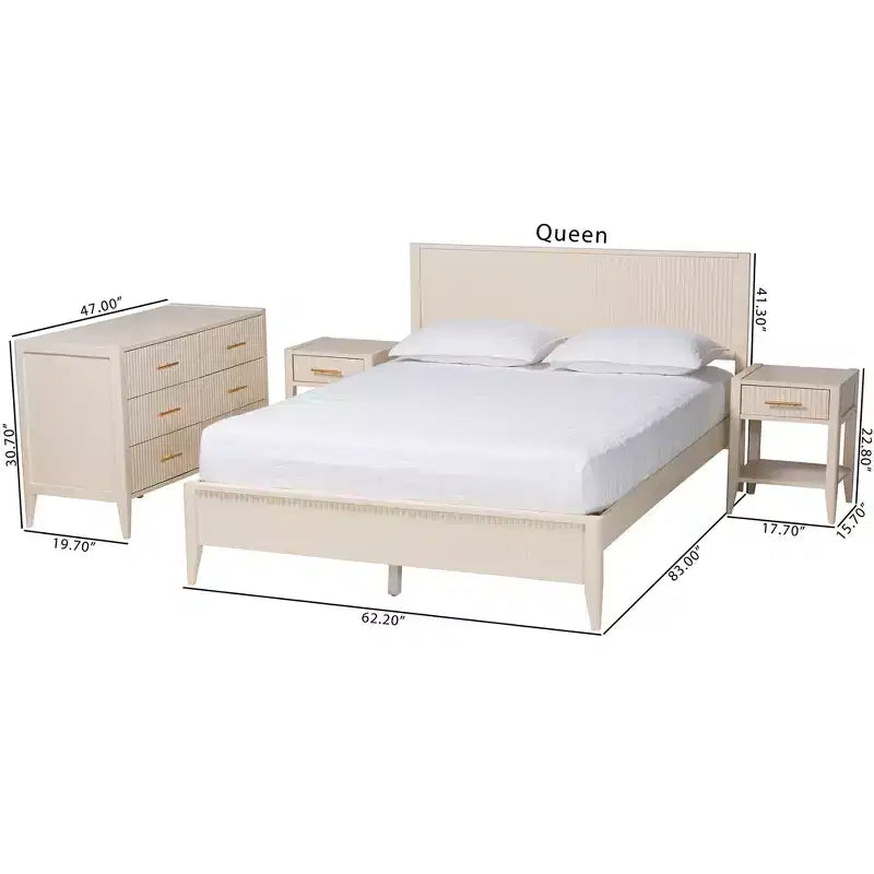 Set da camera da letto a 4 pezzi Baxton Studio Primrose Mid-Century in legno scanalato avorio