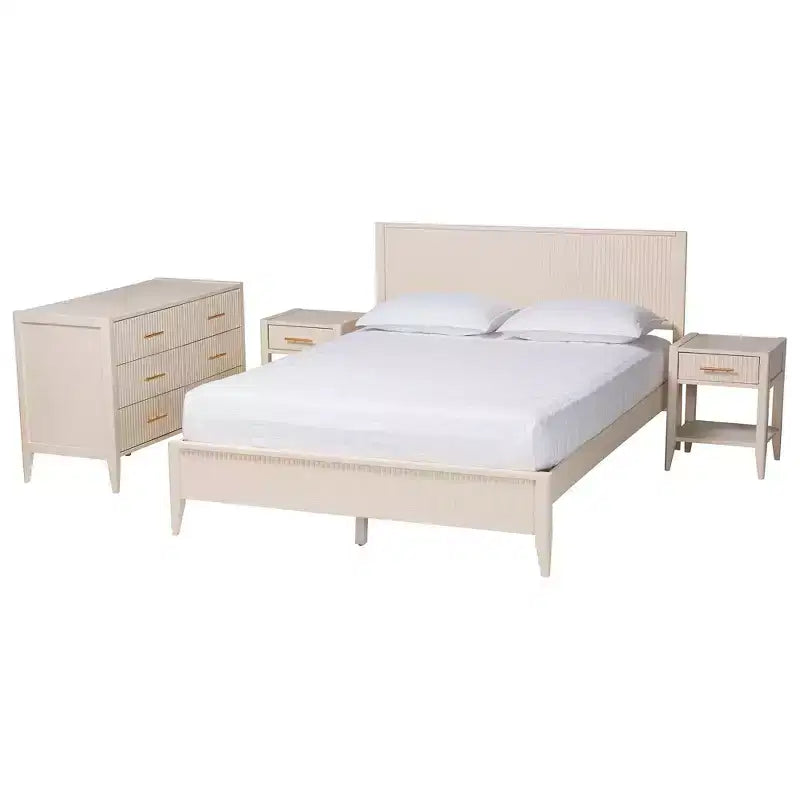 Set da camera da letto a 4 pezzi Baxton Studio Primrose Mid-Century in legno scanalato avorio