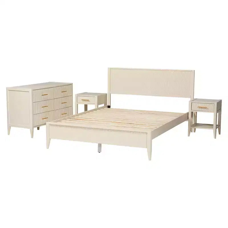 Set da camera da letto a 4 pezzi Baxton Studio Primrose Mid-Century in legno scanalato avorio
