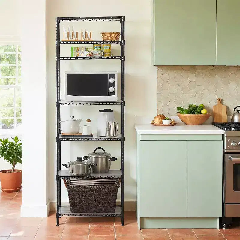 LEDREM Scaffale a 7 ripiani in filo metallico - Scaffale da cucina in metallo con ripiani regolabili, rivestimenti per ripiani, 8 ganci, 34 x 59 x 180 cm, nero