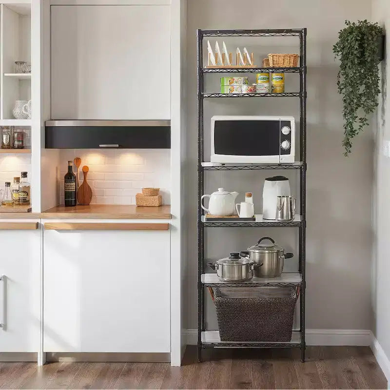 LEDREM Scaffale a 7 ripiani in filo metallico - Scaffale da cucina in metallo con ripiani regolabili, rivestimenti per ripiani, 8 ganci, 34 x 59 x 180 cm, nero