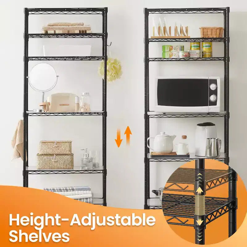 LEDREM Scaffale a 7 ripiani in filo metallico - Scaffale da cucina in metallo con ripiani regolabili, rivestimenti per ripiani, 8 ganci, 34 x 59 x 180 cm, nero