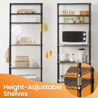 LEDREM Scaffale a 7 ripiani in filo metallico - Scaffale da cucina in metallo con ripiani regolabili, rivestimenti per ripiani, 8 ganci, 34 x 59 x 180 cm, nero