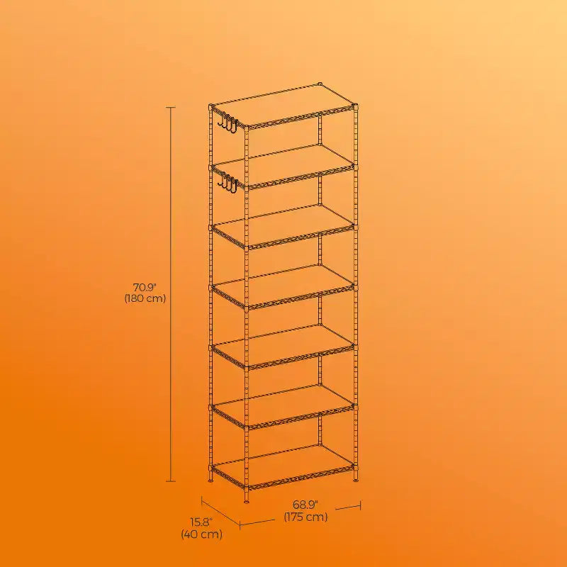 LEDREM Scaffale a 7 ripiani in filo metallico - Scaffale da cucina in metallo con ripiani regolabili, rivestimenti per ripiani, 8 ganci, 34 x 59 x 180 cm, nero