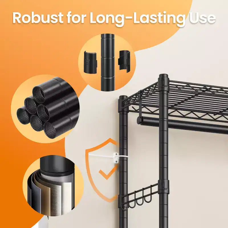 LEDREM Scaffale a 7 ripiani in filo metallico - Scaffale da cucina in metallo con ripiani regolabili, rivestimenti per ripiani, 8 ganci, 34 x 59 x 180 cm, nero