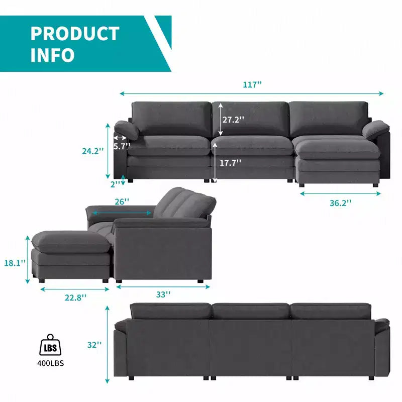 Mjkone 117''Sectional Sofa, L Shape Sofa, Cloud Couch Dupe with Movable Ottoman, 3-Seat Sofa for Living Room and Apartment