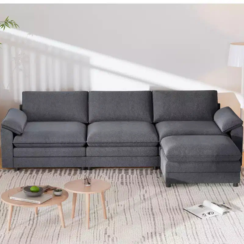 Mjkone 117''Sectional Sofa, L Shape Sofa, Cloud Couch Dupe with Movable Ottoman, 3-Seat Sofa for Living Room and Apartment