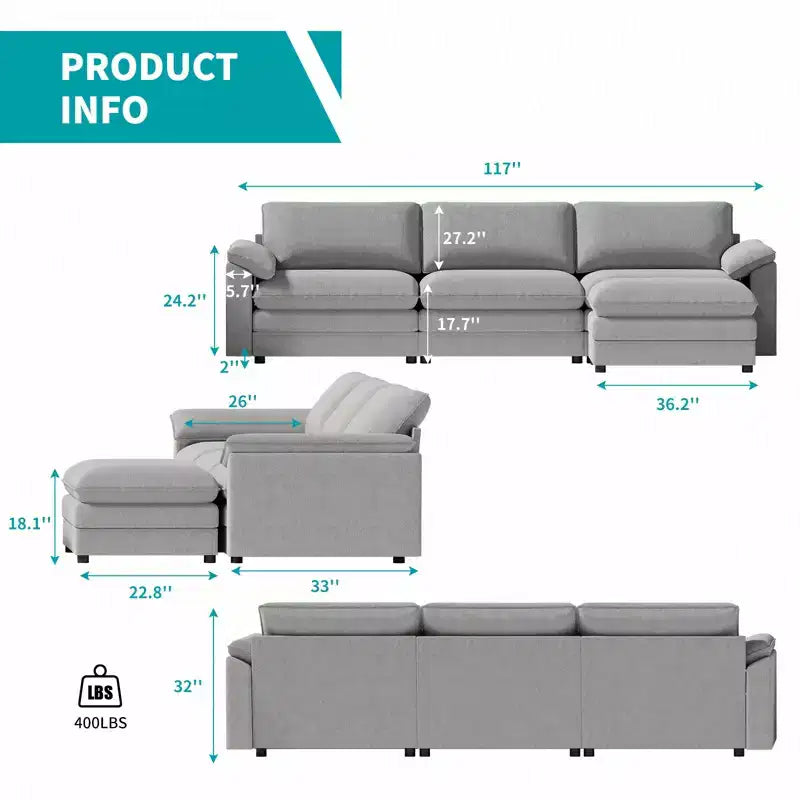 Mjkone 117''Sectional Sofa, L Shape Sofa, Cloud Couch Dupe with Movable Ottoman, 3-Seat Sofa for Living Room and Apartment