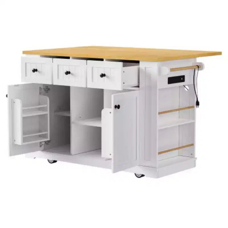 53 inch White Large Kitchen Island with Drop Leaf, Rolling Kitchen Cart on 5 Wheels with 5 Open Side Racks for Kitchen Dining Room