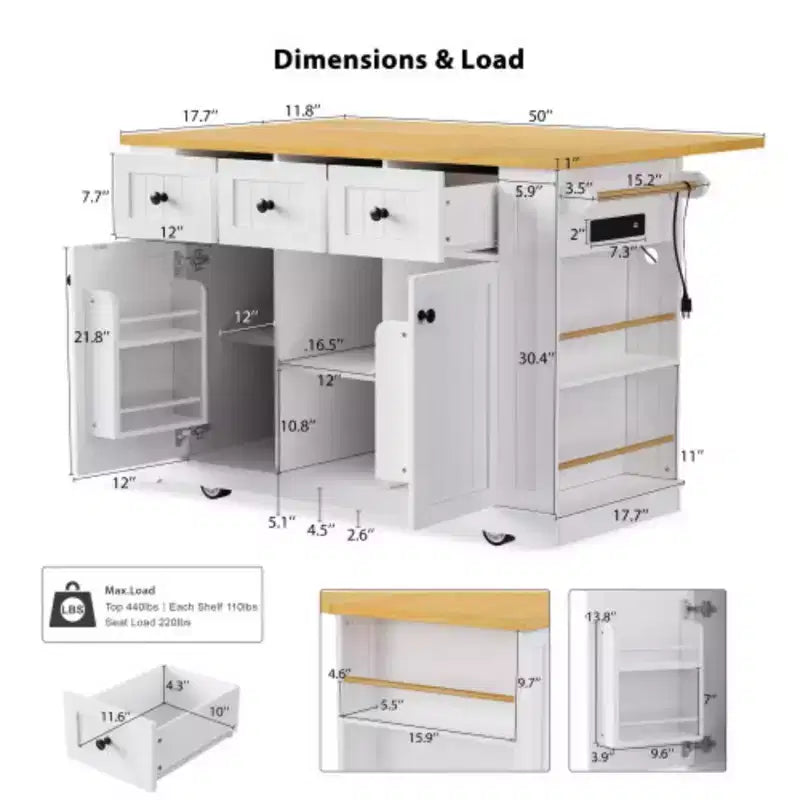 53 inch White Large Kitchen Island with Drop Leaf, Rolling Kitchen Cart on 5 Wheels with 5 Open Side Racks for Kitchen Dining Room