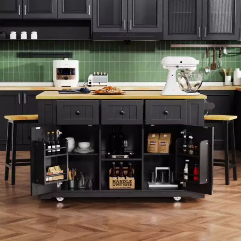 53 inch White Large Kitchen Island with Drop Leaf, Rolling Kitchen Cart on 5 Wheels with 5 Open Side Racks for Kitchen Dining Room