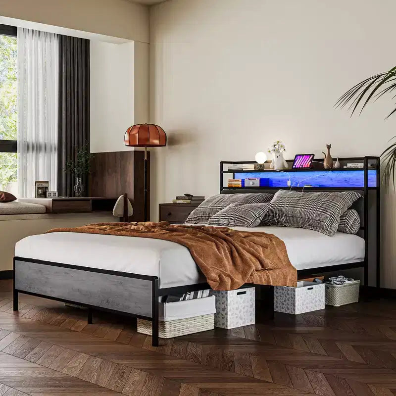 HOMCOM Bed Frame with Storage Headboard, Platform Bed Frame with LED Lights, Charging Station, Noise-Free & Easy Assembly, Cement Gray