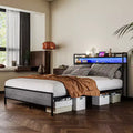HOMCOM Bed Frame with Storage Headboard, Platform Bed Frame with LED Lights, Charging Station, Noise-Free & Easy Assembly, Cement Gray