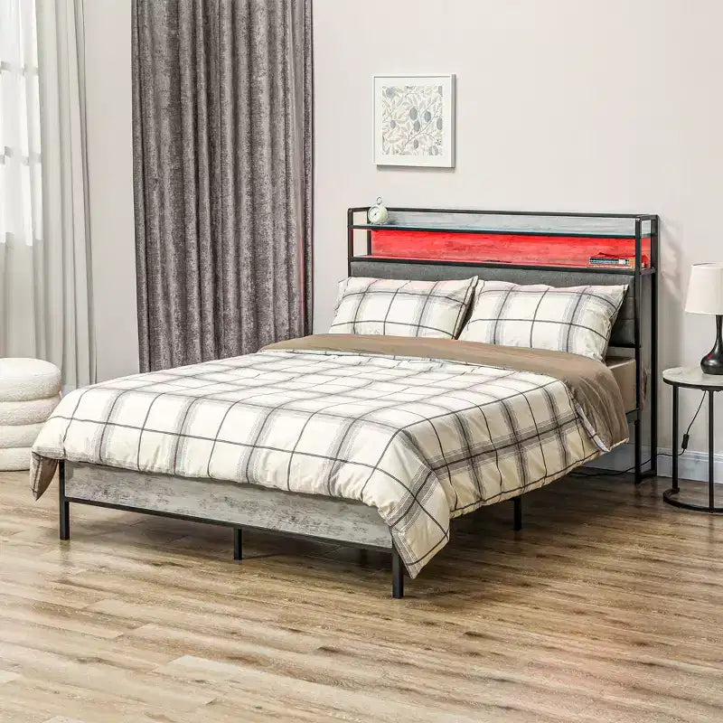 HOMCOM Struttura Letto con Testiera Contenitore, Letto a Piattaforma con Luci a LED, Stazione di Ricarica, Silenzioso e Facile da Montare, Grigio Cemento