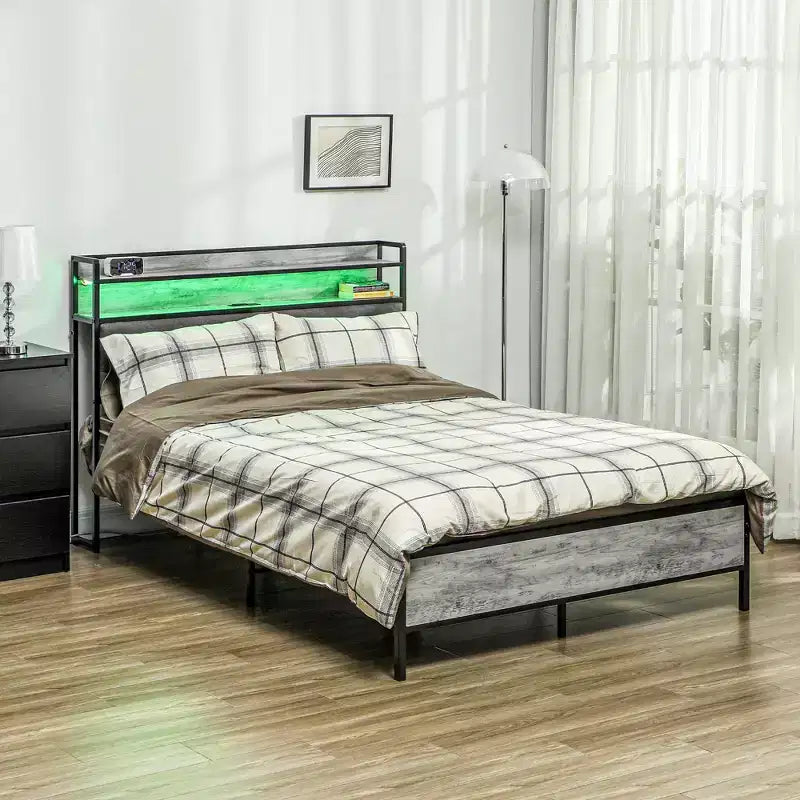 HOMCOM Struttura Letto con Testiera Contenitore, Letto a Piattaforma con Luci a LED, Stazione di Ricarica, Silenzioso e Facile da Montare, Grigio Cemento