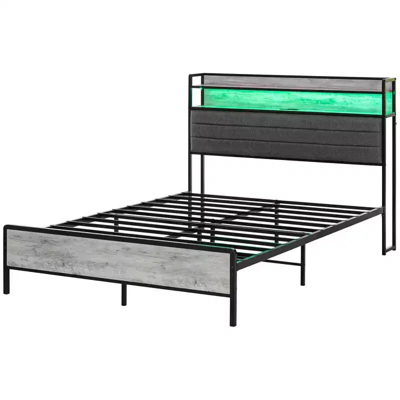 HOMCOM Struttura Letto con Testiera Contenitore, Letto a Piattaforma con Luci a LED, Stazione di Ricarica, Silenzioso e Facile da Montare, Grigio Cemento