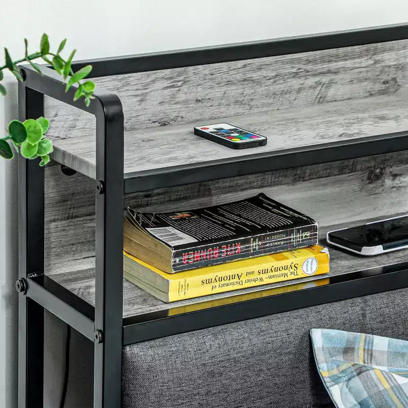 HOMCOM Struttura Letto con Testiera Contenitore, Letto a Piattaforma con Luci a LED, Stazione di Ricarica, Silenzioso e Facile da Montare, Grigio Cemento