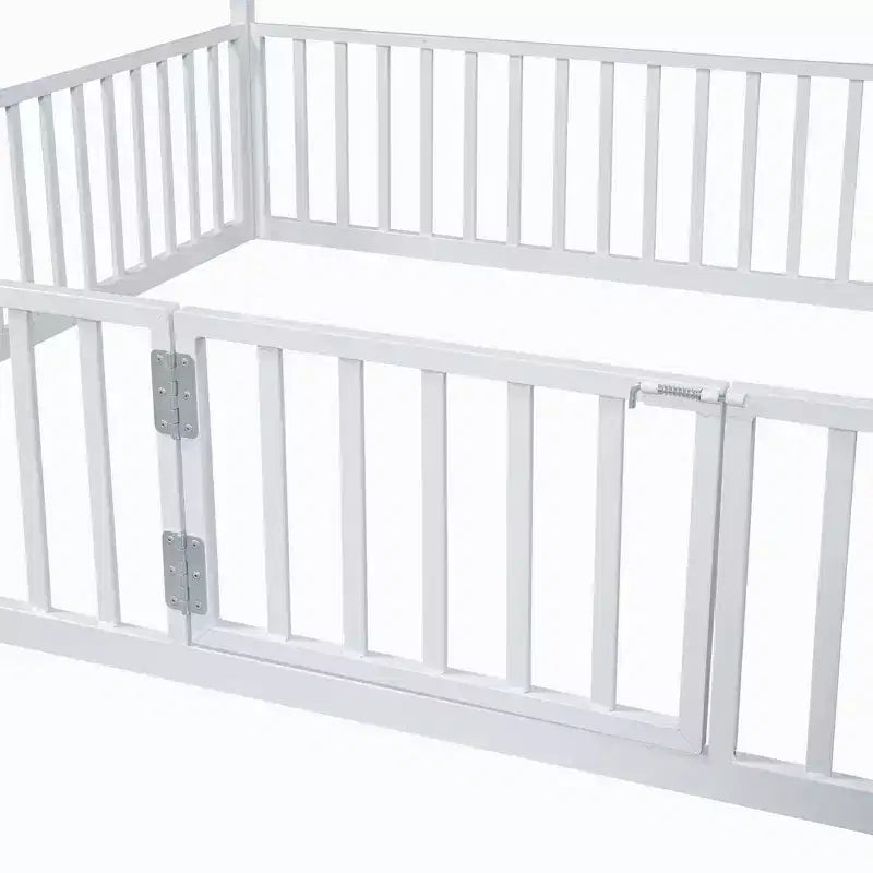 Full/Twin Size Platform Bed, House-Shaped Metal Bed Frame with Fence and Door -ModernLuxe