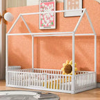 Full/Twin Size Platform Bed, House-Shaped Metal Bed Frame with Fence and Door -ModernLuxe
