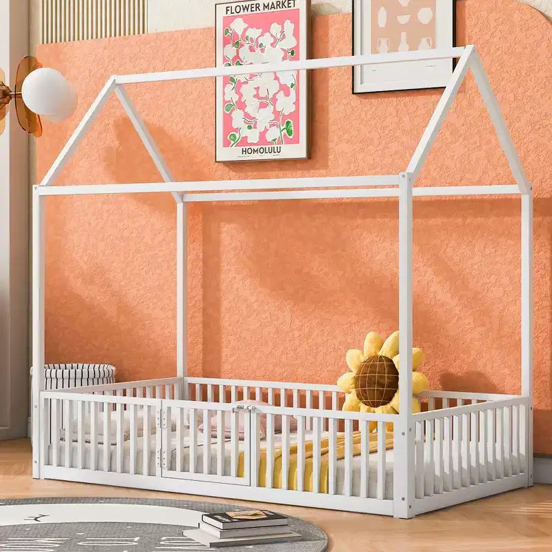 Full/Twin Size Platform Bed, House-Shaped Metal Bed Frame with Fence and Door -ModernLuxe