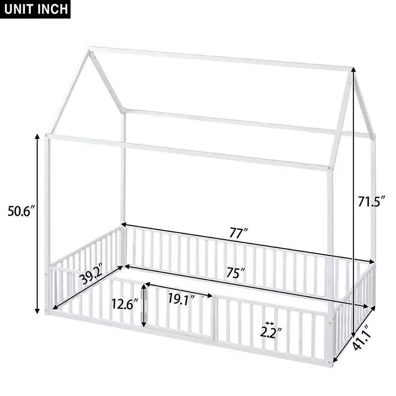 Full/Twin Size Platform Bed, House-Shaped Metal Bed Frame with Fence and Door -ModernLuxe