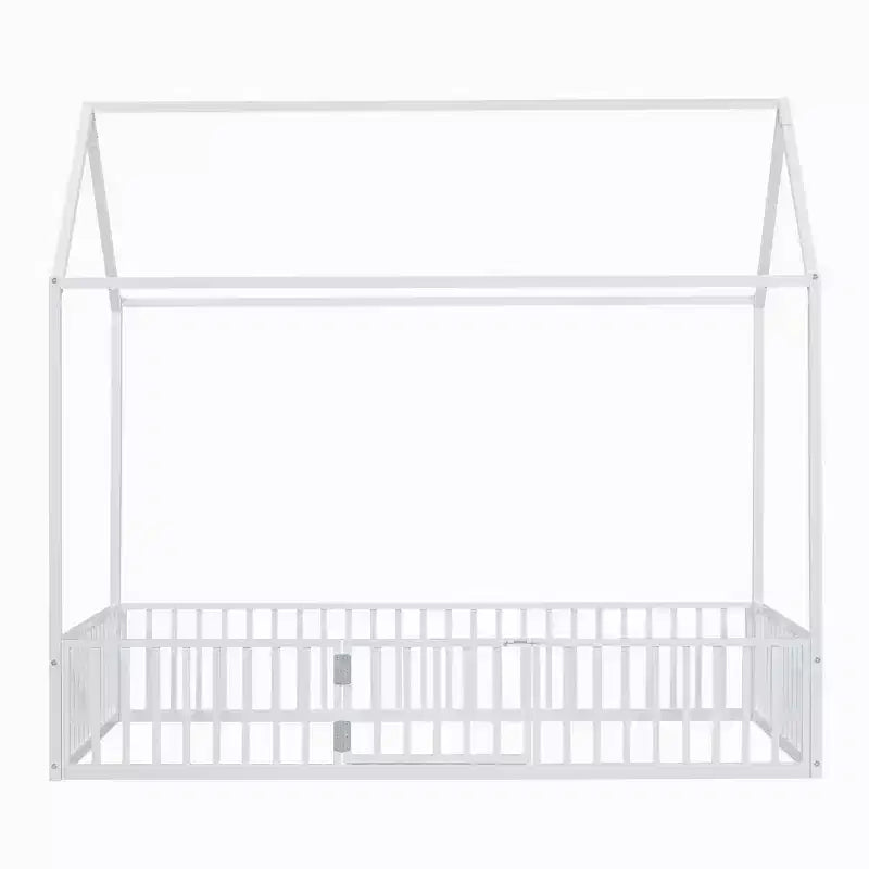 Full/Twin Size Platform Bed, House-Shaped Metal Bed Frame with Fence and Door -ModernLuxe