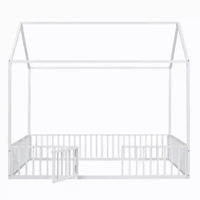 Full/Twin Size Platform Bed, House-Shaped Metal Bed Frame with Fence and Door -ModernLuxe