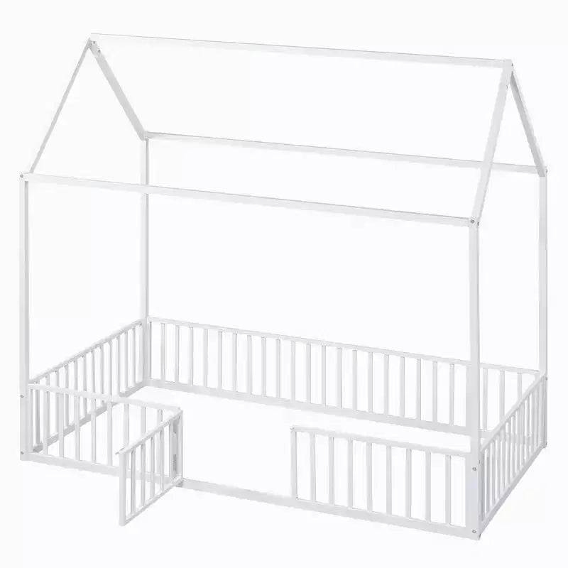 Full/Twin Size Platform Bed, House-Shaped Metal Bed Frame with Fence and Door -ModernLuxe