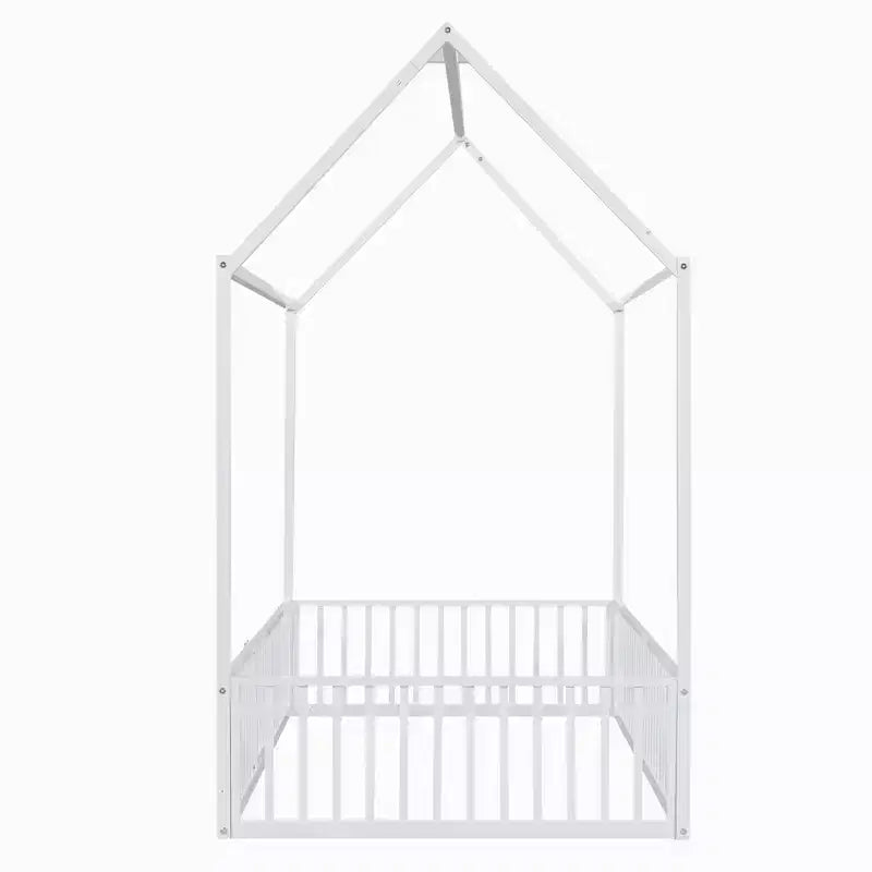 Full/Twin Size Platform Bed, House-Shaped Metal Bed Frame with Fence and Door -ModernLuxe