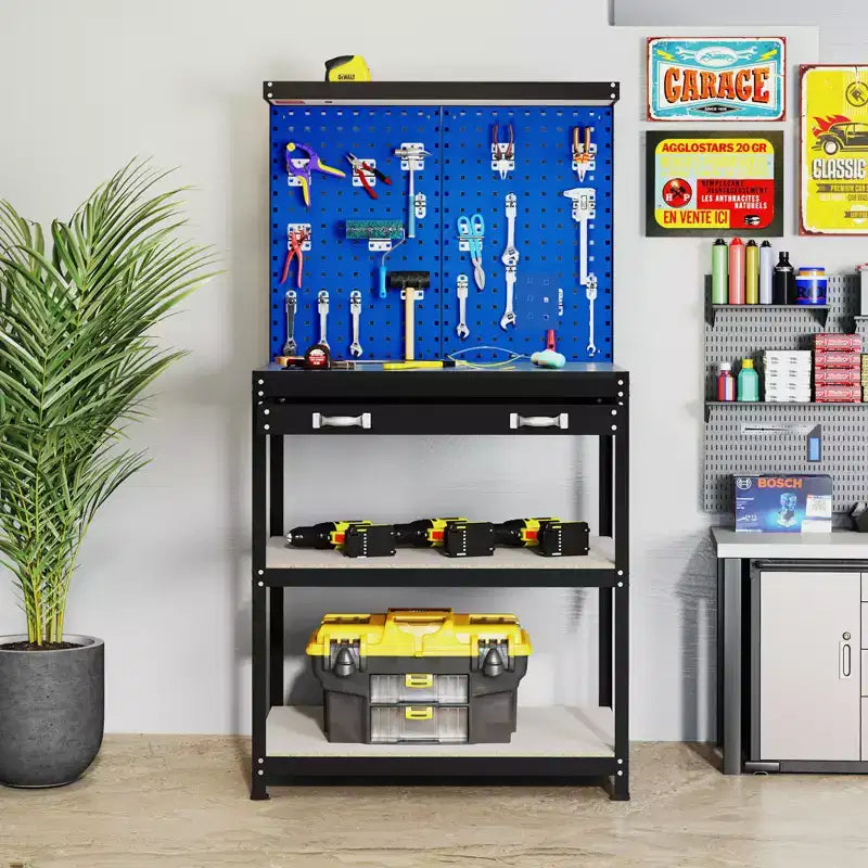 Costway 32'' x 16'' Workbench with Pegboard 20PCS Tool Hooks Drawer and Open Shelves Navy/Black