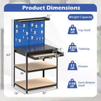 Costway 32'' x 16'' Workbench with Pegboard 20PCS Tool Hooks Drawer and Open Shelves Navy/Black