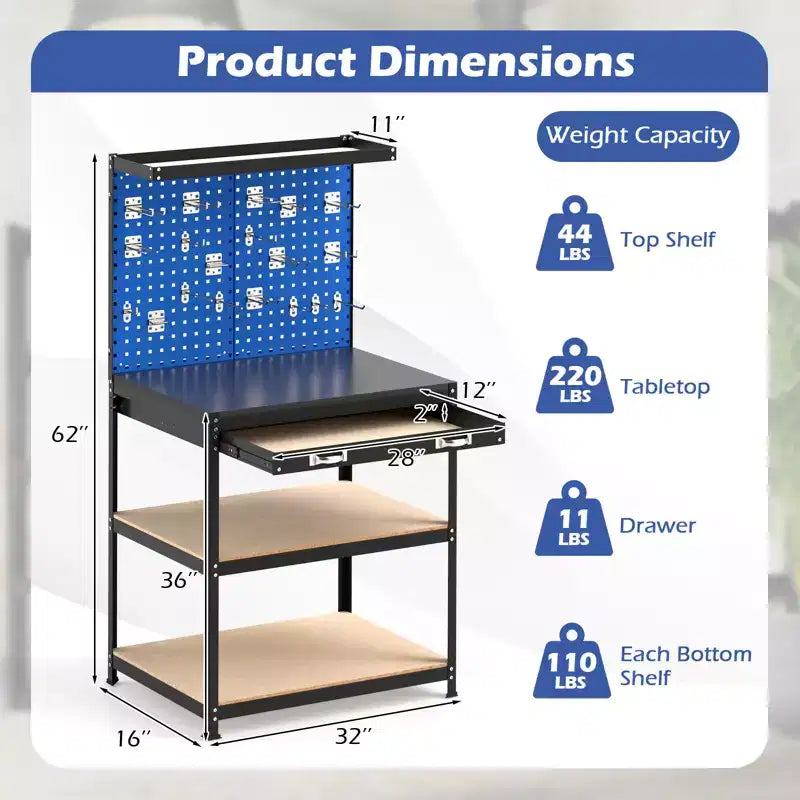 Costway 32'' x 16'' Workbench with Pegboard 20PCS Tool Hooks Drawer and Open Shelves Navy/Black