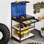 Costway 32'' x 16'' Workbench with Pegboard 20PCS Tool Hooks Drawer and Open Shelves Navy/Black