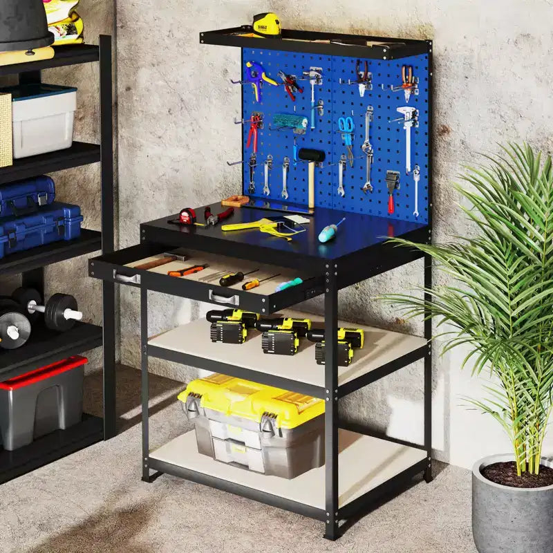 Costway 32'' x 16'' Workbench with Pegboard 20PCS Tool Hooks Drawer and Open Shelves Navy/Black