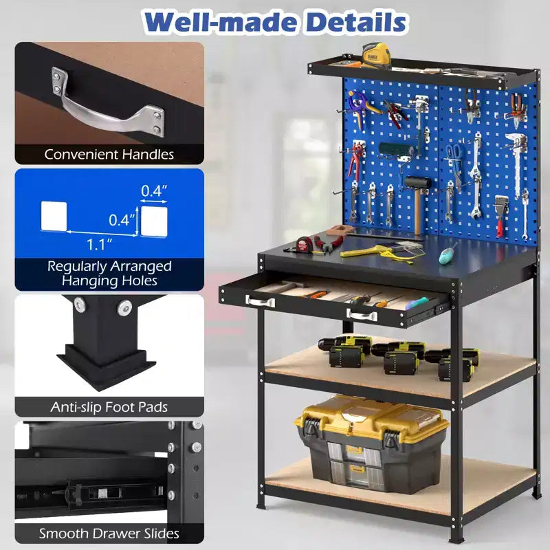 Costway 32'' x 16'' Workbench with Pegboard 20PCS Tool Hooks Drawer and Open Shelves Navy/Black