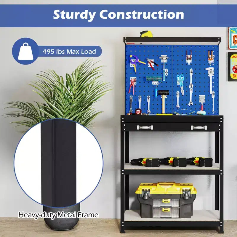 Costway 32'' x 16'' Workbench with Pegboard 20PCS Tool Hooks Drawer and Open Shelves Navy/Black