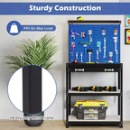 Costway 32'' x 16'' Workbench with Pegboard 20PCS Tool Hooks Drawer and Open Shelves Navy/Black