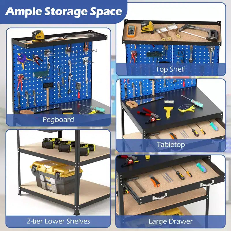 Costway 32'' x 16'' Workbench with Pegboard 20PCS Tool Hooks Drawer and Open Shelves Navy/Black