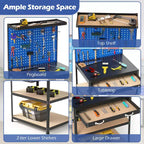 Costway 32'' x 16'' Workbench with Pegboard 20PCS Tool Hooks Drawer and Open Shelves Navy/Black