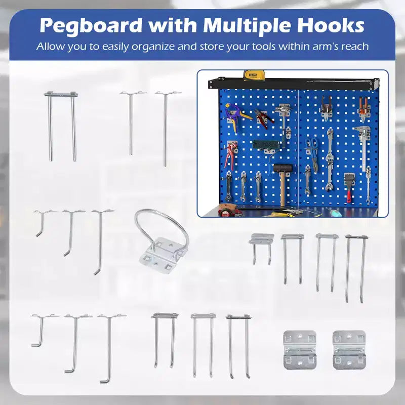 Costway 32'' x 16'' Workbench with Pegboard 20PCS Tool Hooks Drawer and Open Shelves Navy/Black