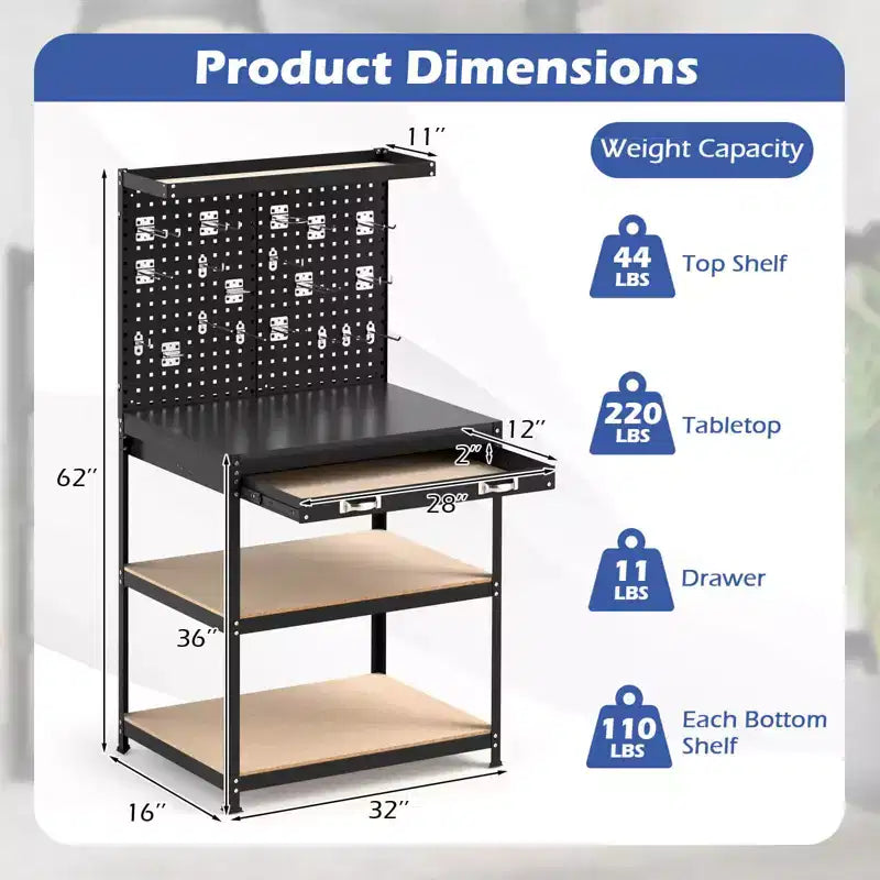 Costway 32'' x 16'' Workbench with Pegboard 20PCS Tool Hooks Drawer and Open Shelves Navy/Black