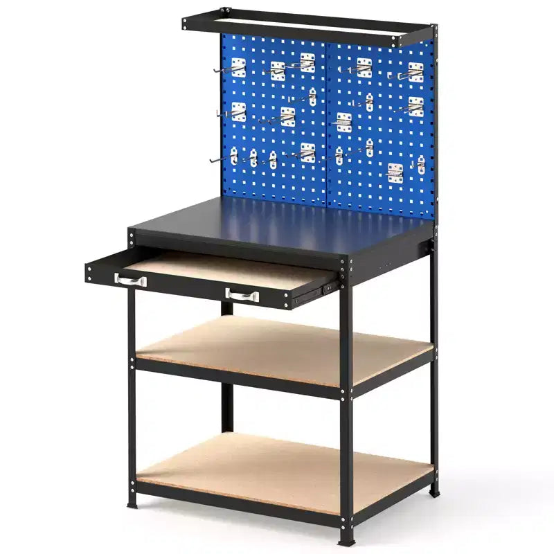 Costway 32'' x 16'' Workbench with Pegboard 20PCS Tool Hooks Drawer and Open Shelves Navy/Black