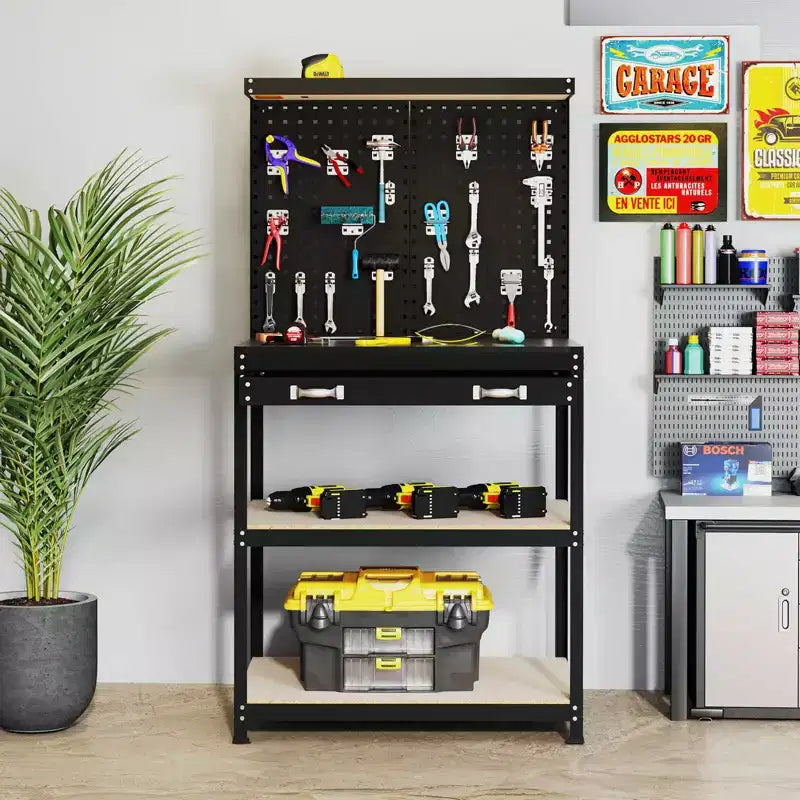 Costway 32'' x 16'' Workbench with Pegboard 20PCS Tool Hooks Drawer and Open Shelves Navy/Black