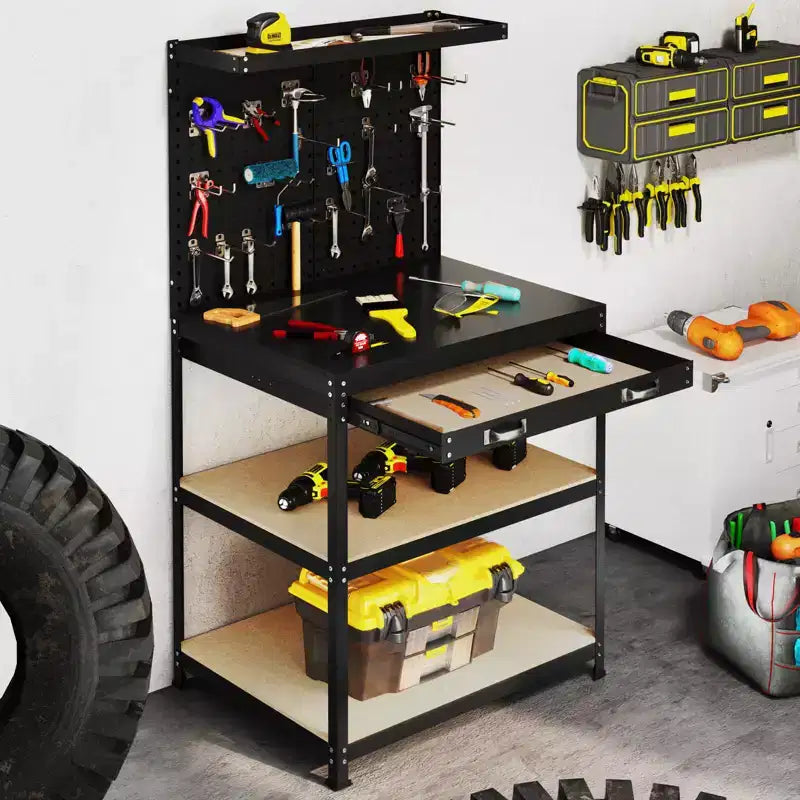 Costway 32'' x 16'' Workbench with Pegboard 20PCS Tool Hooks Drawer and Open Shelves Navy/Black