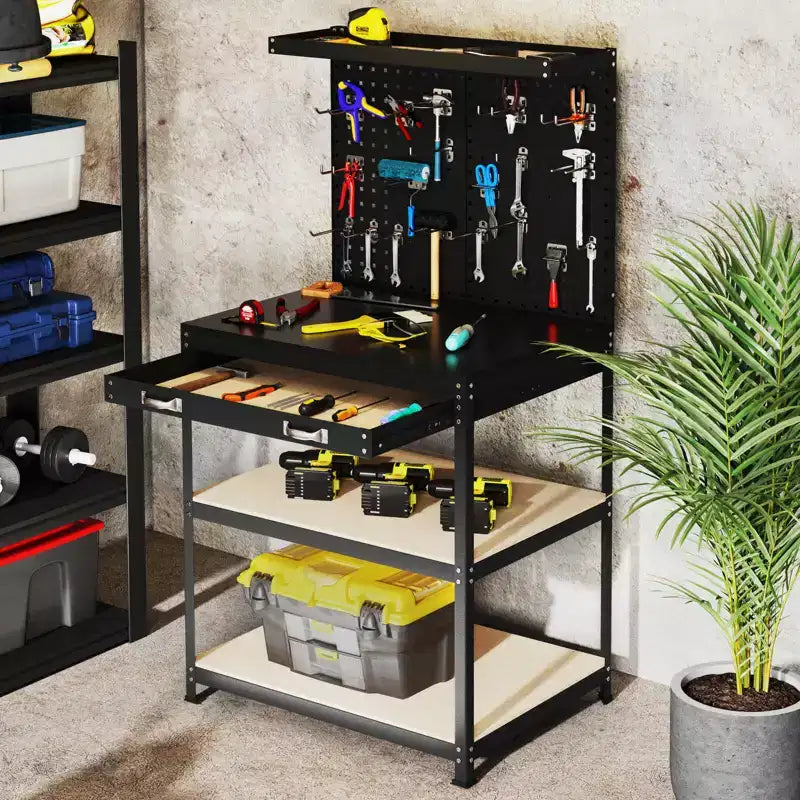 Costway 32'' x 16'' Workbench with Pegboard 20PCS Tool Hooks Drawer and Open Shelves Navy/Black