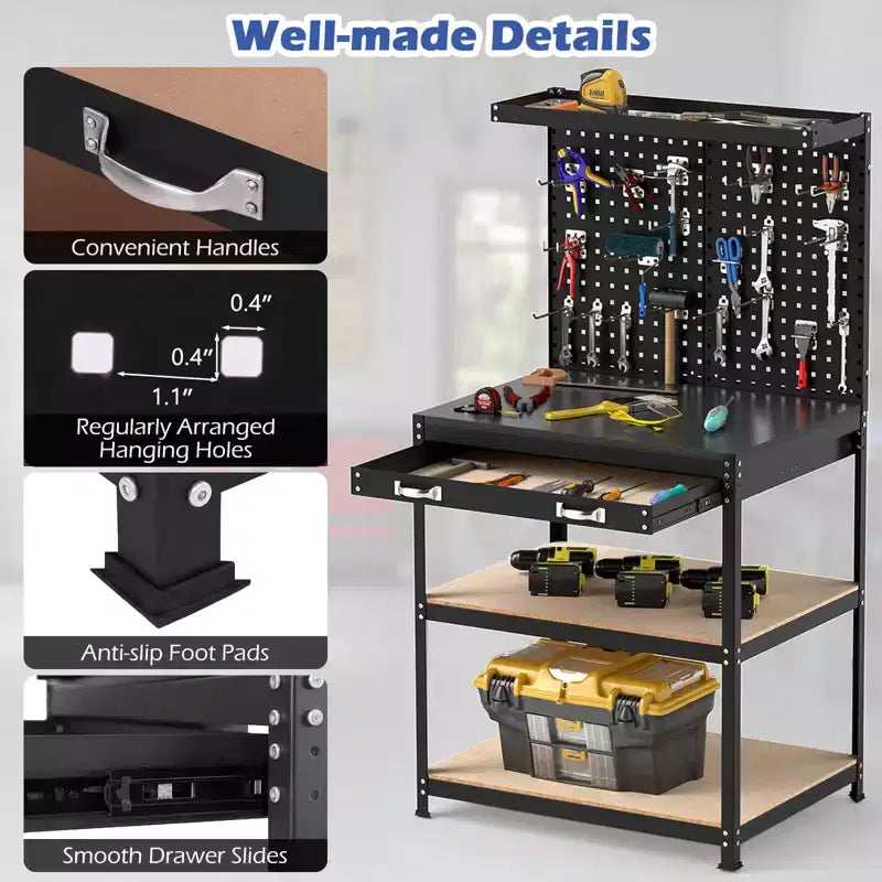 Costway 32'' x 16'' Workbench with Pegboard 20PCS Tool Hooks Drawer and Open Shelves Navy/Black