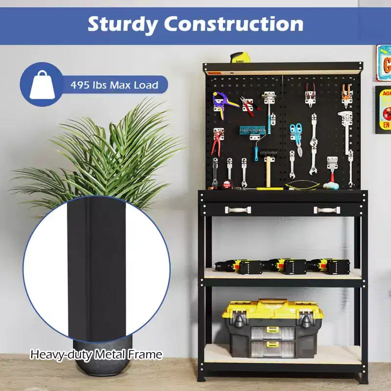 Costway 32'' x 16'' Workbench with Pegboard 20PCS Tool Hooks Drawer and Open Shelves Navy/Black