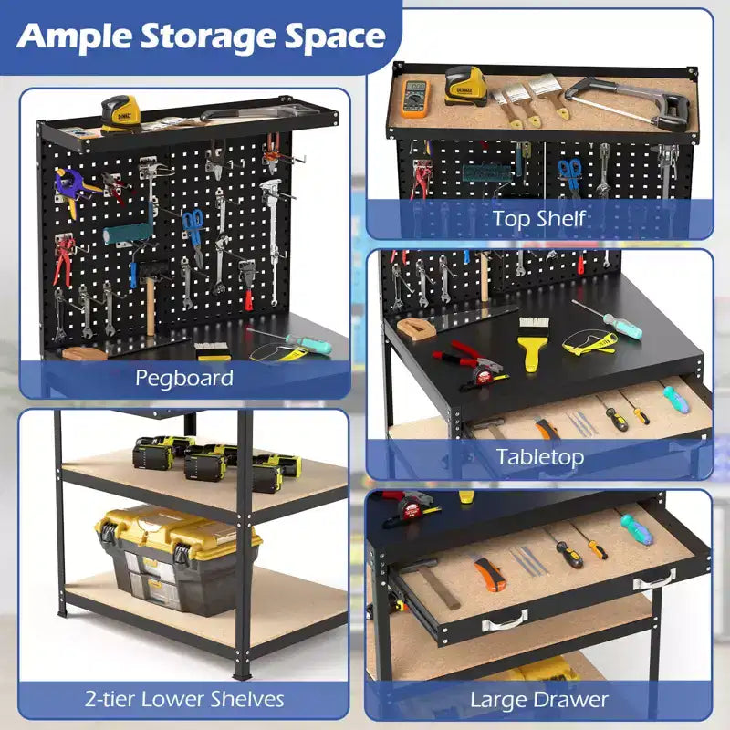 Costway 32'' x 16'' Workbench with Pegboard 20PCS Tool Hooks Drawer and Open Shelves Navy/Black